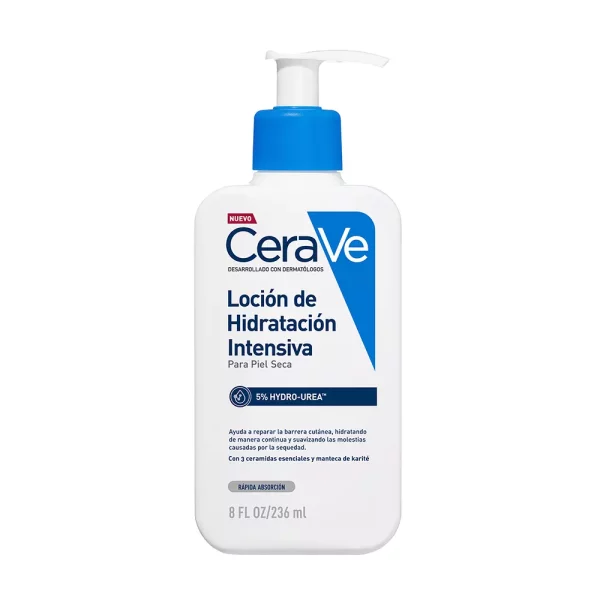 Frasco de la Loción Hidratante Intensiva CeraVe de 236 ml, con dispensador azul y etiqueta blanca, diseñado para piel seca