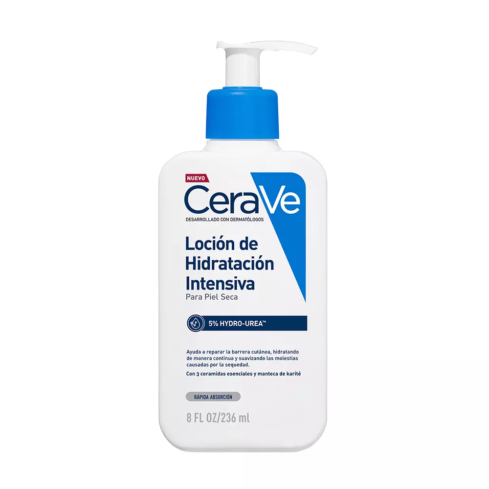Frasco de la Loción Hidratante Intensiva CeraVe de 236 ml, con dispensador azul y etiqueta blanca, diseñado para piel seca