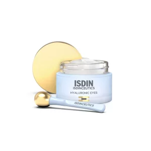 Contorno de ojos ISDIN Isdinceutics Hyaluronic Eyes en frasco con aplicador metálico frío, hidratante y antiarrugas para mirada cansada