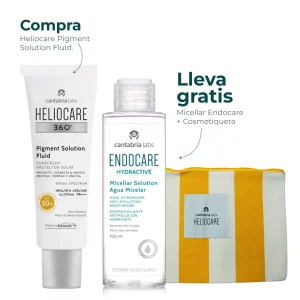 Kit Heliocare: Protector Solar Heliocare 360 Pigment Solution Fluid + GRATIS Cosmetiquera + Agua micelar Endocare Hydractive