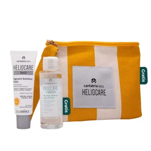 Kit Heliocare 360° Pigment Solution SPF50+ con agua micelar Endocare Hydractive y cosmetiquera amarilla de regalo