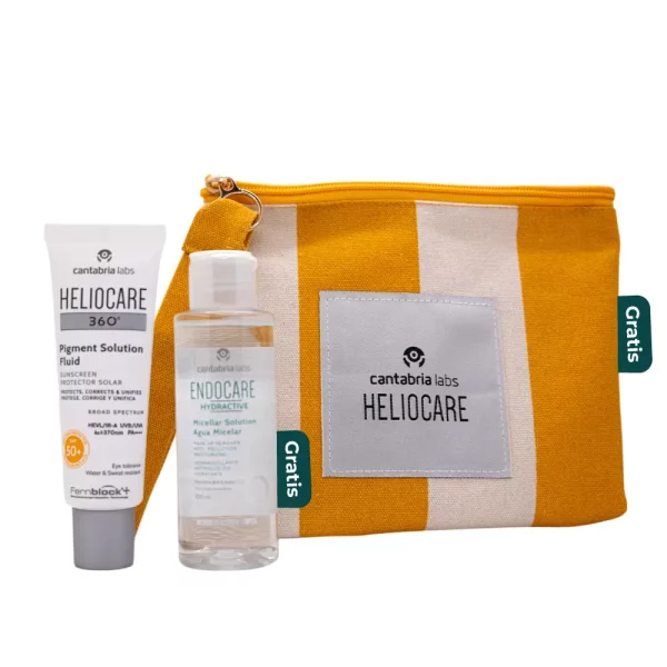Kit Heliocare 360° Pigment Solution SPF50+ con agua micelar Endocare Hydractive y cosmetiquera amarilla de regalo
