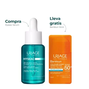 Kit Uriage que incluye el Hyseac Serum anti-imperfecciones de 40 ml y el protector solar Bariésun Stick Invisible SPF50+ de regalo. Imagen con diseño promocional donde se destaca la compra del sérum y la entrega gratuita del stick solar