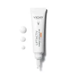 Tubo del contorno de ojos Vichy Liftactiv Pigment Specialist B3 SPF 50+ de 15 ml, en presentación blanca con aplicador de precisión y textura visible del producto.