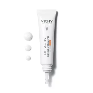 Tubo del contorno de ojos Vichy Liftactiv Pigment Specialist B3 SPF 50+ de 15 ml, en presentación blanca con aplicador de precisión y textura visible del producto.