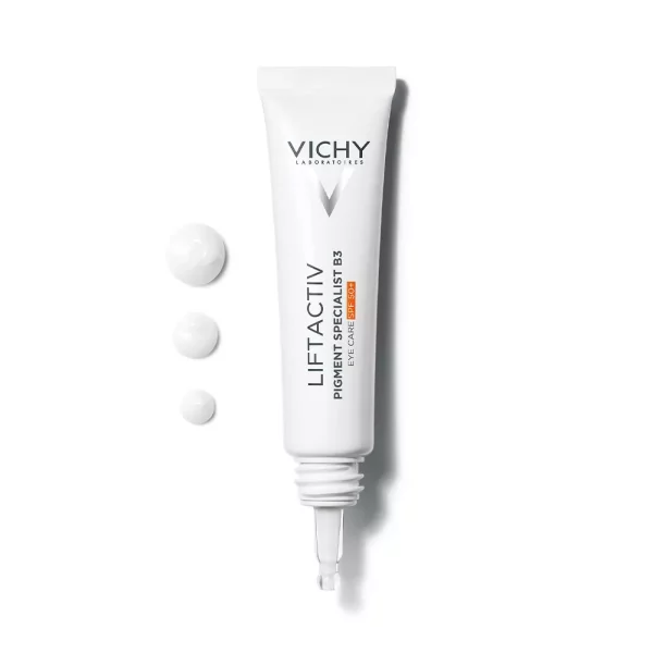 Tubo del contorno de ojos Vichy Liftactiv Pigment Specialist B3 SPF 50+ de 15 ml, en presentación blanca con aplicador de precisión y textura visible del producto.