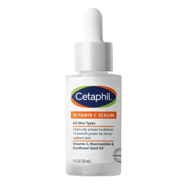 Sérum Facial con Vitamina C Cetaphil 30 ml, envase blanco con gotero, ideal para iluminar y proteger tu piel, disponible en Beautycalia.