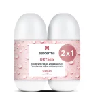 DrysesDesodoranteRollOnAntitranspiranteMujer Pack 2x1 de desodorantes roll-on antitranspirantes Sesderma Dryses para mujer, con fondo de gotas de agua y diseño masculino.