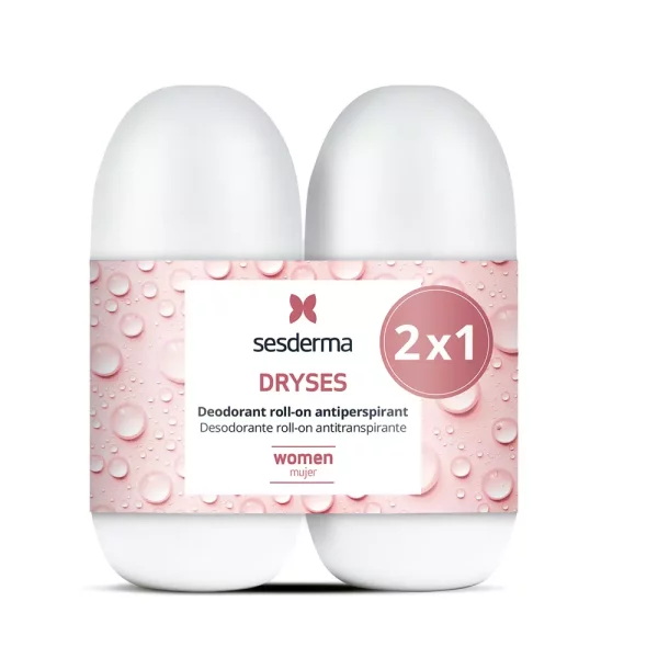 Pack 2x1 de desodorantes roll-on antitranspirantes Sesderma Dryses para mujer, con fondo de gotas de agua y diseño masculino.