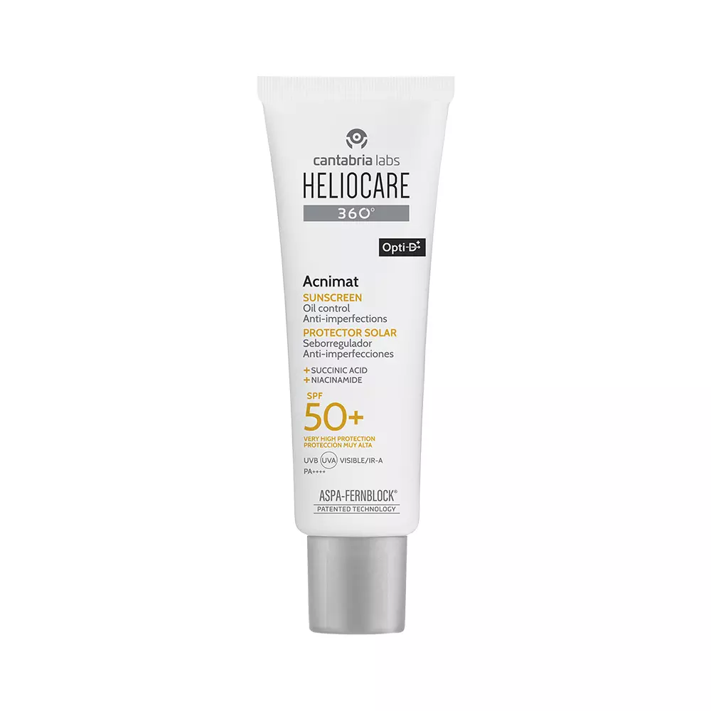 Protector Solar Facial Heliocare 360° Acnimat SPF50+ 50 ml, envase tipo tubo blanco con tapa plateada, disponible en Beautycalia