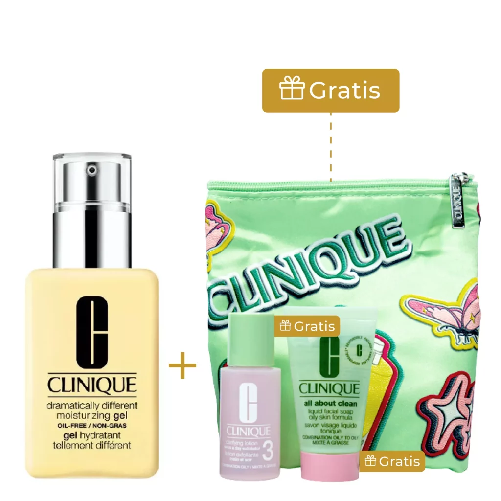 Kit Clinique con gel hidratante Dramatically Different 125 ml y regalos: exfoliante Clarifying Lotion 3, jabón facial All About Clean y cosmetiquera verde estampada.