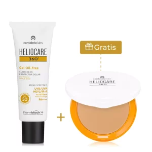 Kit Heliocare con protector solar Gel Oil-Free SPF 50 y polvos compactos 360 Beige de regalo, ideal para piel mixta a grasa con acabado mate.