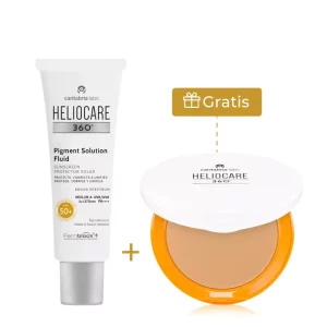 Kit Heliocare con protector solar Pigment Solution Fluid SPF 50+ y polvos compactos 360 Beige de regalo, ideal para fotoprotección facial diaria.