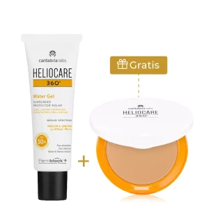Kit Heliocare con protector solar Solar Water Gel SPF 50+ y polvos compactos 360 Beige de regalo, ideal para protección facial diaria con acabado natural.