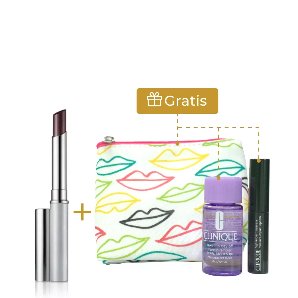 Kit Clinique con labial Black Honey y regalos: pestañina High Impact, removedor de maquillaje y cosmetiquera estampada multicolor