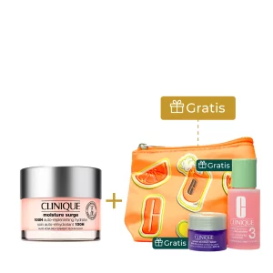 Kit Clinique con crema hidratante Moisture Surge 100H y regalos: crema Smart Clinical, exfoliante Clarifying Lotion 3 y cosmetiquera estampada.