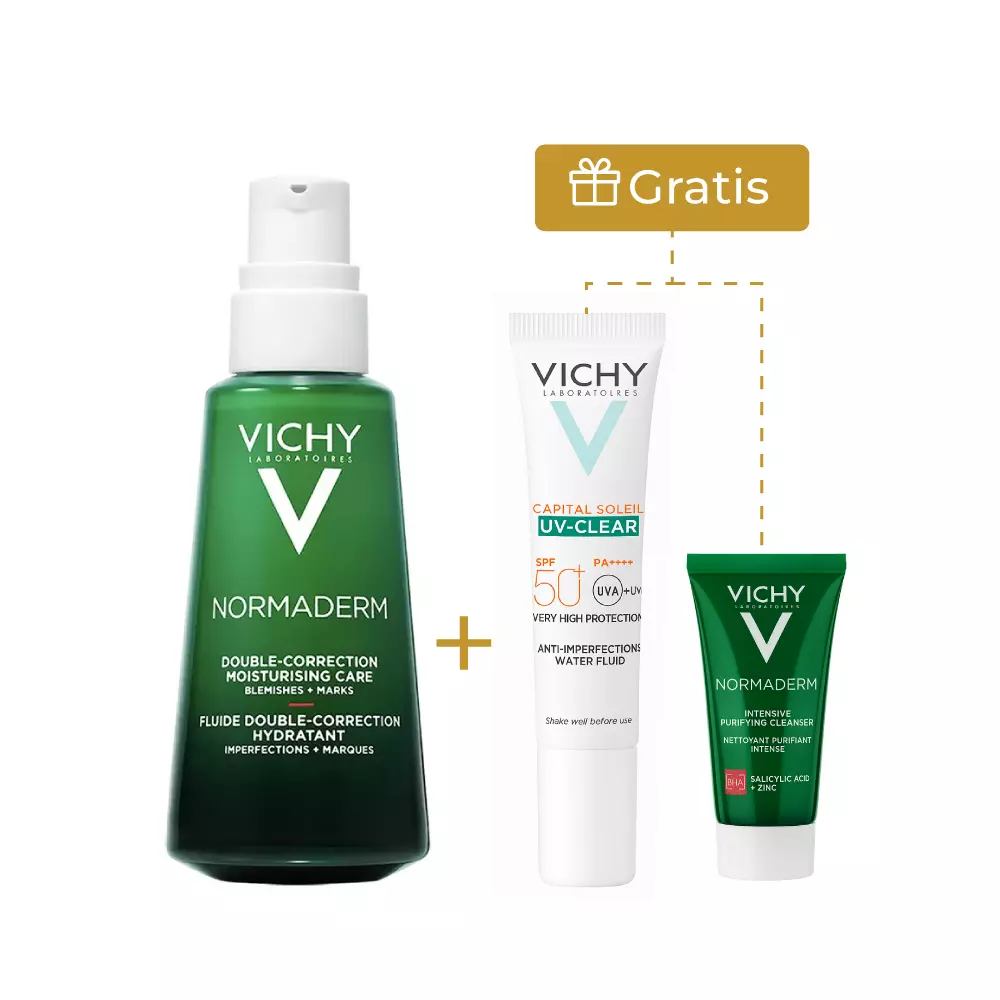 Kit Vichy con crema hidratante Normaderm Double Correction, protector solar Capital Soleil UV-Clear SPF50+ y gel limpiador Normaderm mini, con regalo incluido