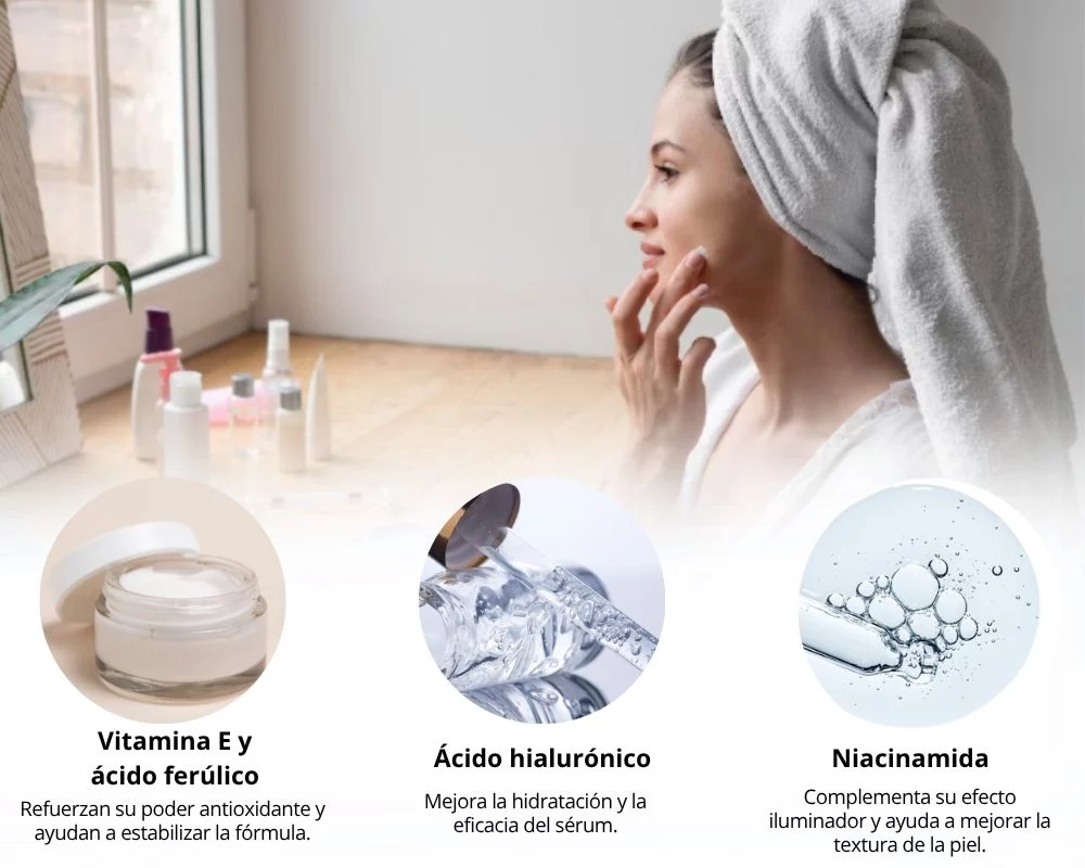 Mujer realizando una rutina de skincare con vitamina C y otros componentes como vitamina E, niacinamida y Acido Hialurónico