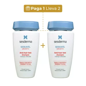 Promoción “Paga 1 Lleva 2” del champú anticaída Sesderma Seskavel Growth de 200 ml, ideal para cabello frágil con tendencia a la caída.