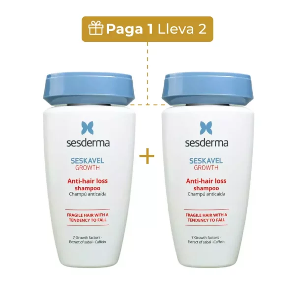Promoción “Paga 1 Lleva 2” del champú anticaída Sesderma Seskavel Growth de 200 ml, ideal para cabello frágil con tendencia a la caída.