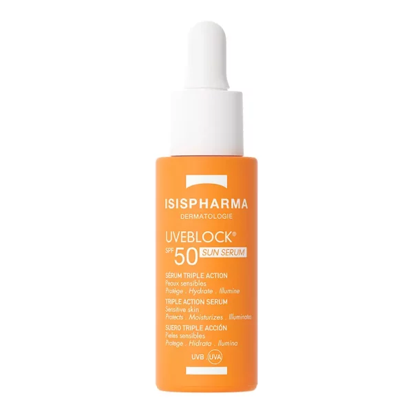 Sérum Isispharma Uveblock Sun SPF 50 30 ml con textura ligera y protección solar facial de amplio espectro