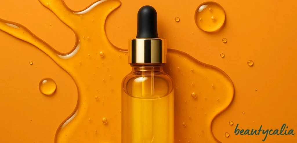 Frasco de sérum con Vitamina C sobre fondo naranja con gotas, imagen de portada del artículo '¿Cómo actúa la Vitamina C en tu piel?' en Beautycalia