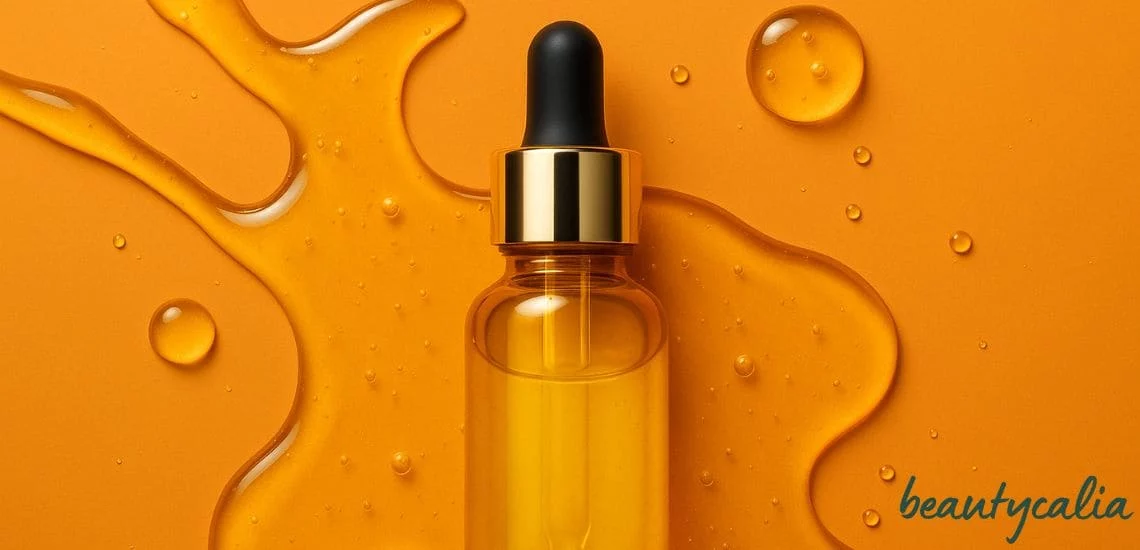 Frasco de sérum con Vitamina C sobre fondo naranja con gotas, imagen de portada del artículo '¿Cómo actúa la Vitamina C en tu piel?' en Beautycalia