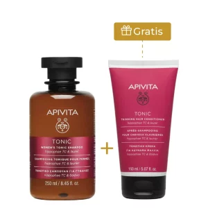 Shampoo tonificante anticaída 250 ml y acondicionador tonificante 150 ml. Frascos con etiqueta azul y verde, mostrando frescura y componentes naturales
