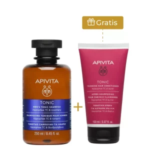 Kit Apivita Tonic champú 250 ml + acondicionador 150 ml, envases transparentes con etiquetas azul y fucsia, ideal para fortalecer y dar volumen al cabello con ingredientes naturales
