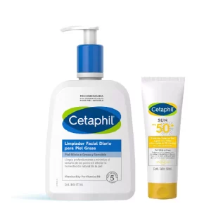 Kit Cetaphil con limpiador facial para piel grasa 473 ml y protector solar con color FPS 50+ 50 ml para control de grasa y cuidado diario