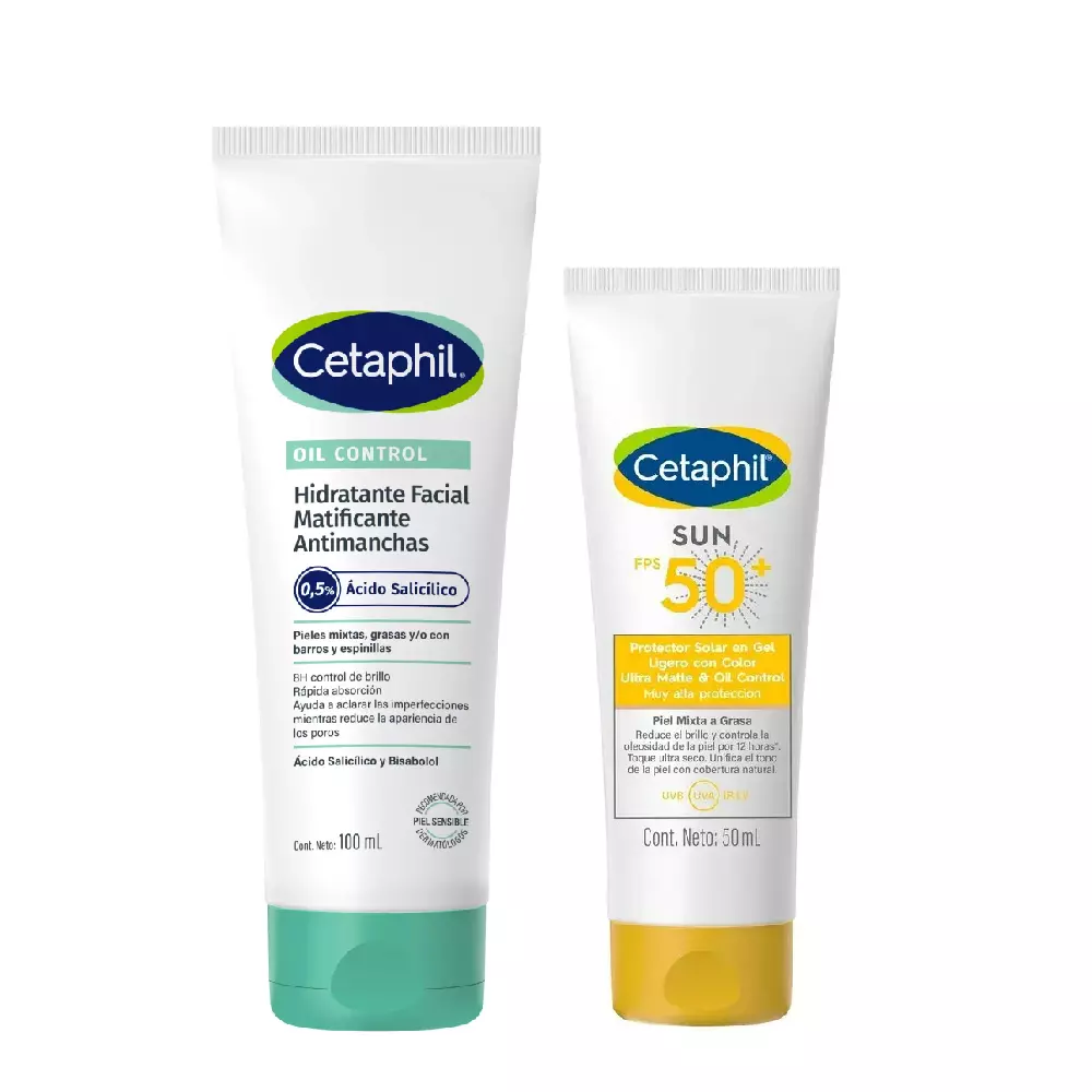 Kit Cetaphil con Hidratante Facial Matificante Antiimperfecciones de 100 ml y Protector Solar con Color FPS 50+ de 50 ml para piel mixta a grasa.