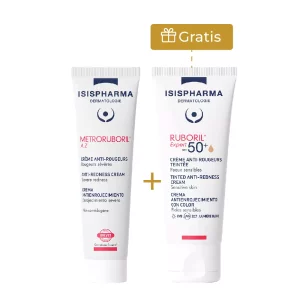 Kit Isispharma con crema antienrojecimiento Metroruboril A.Z y crema con color y protección solar SPF 50+ Ruboril Expert, ambas en presentación de tubo, con sello de regalo.