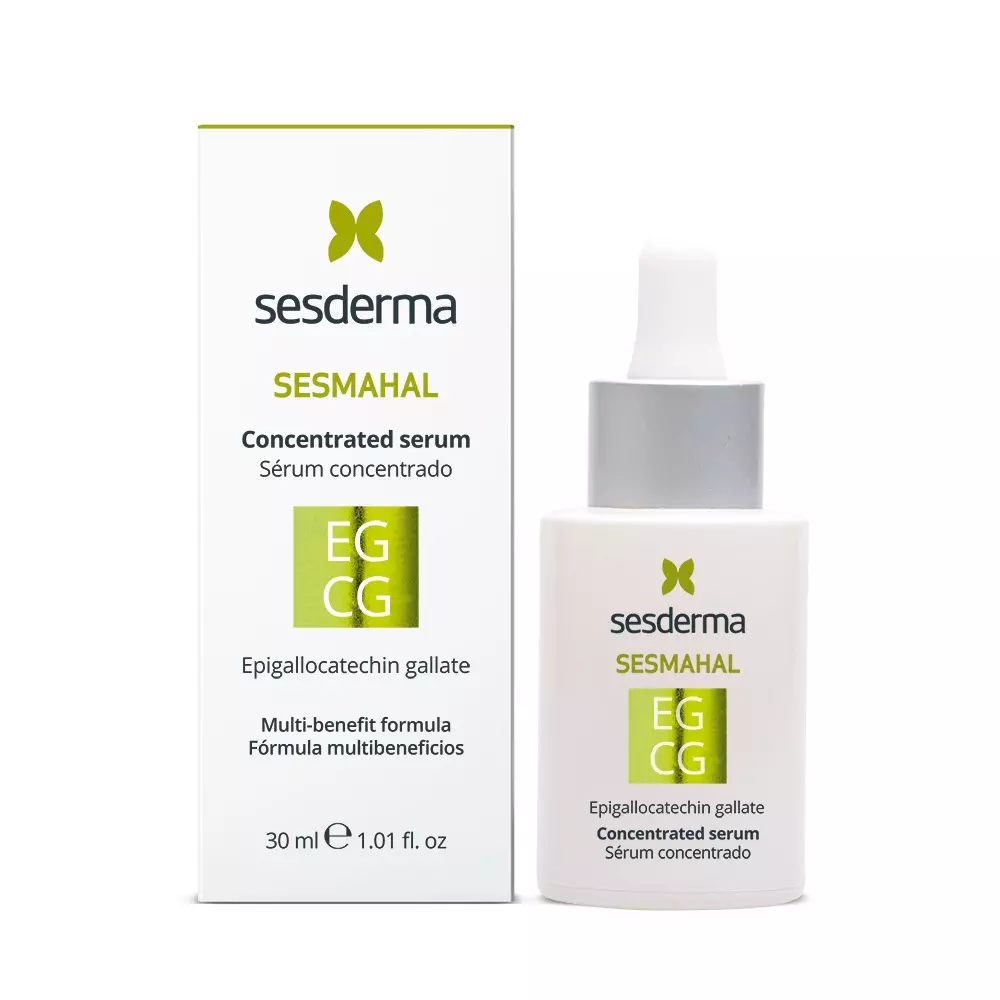Frasco de Sérum Sesderma Sesmahal EGCG antioxidante de 30 ml con gotero y caja visible