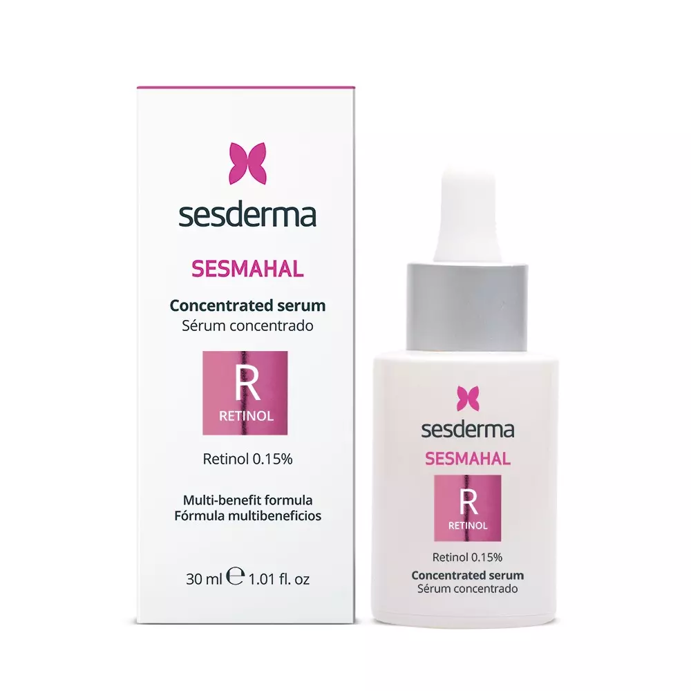 Frasco de Sérum Sesderma SeshaMahal con R-Retinol 0.15% de 30 ml con gotero y empaque visible