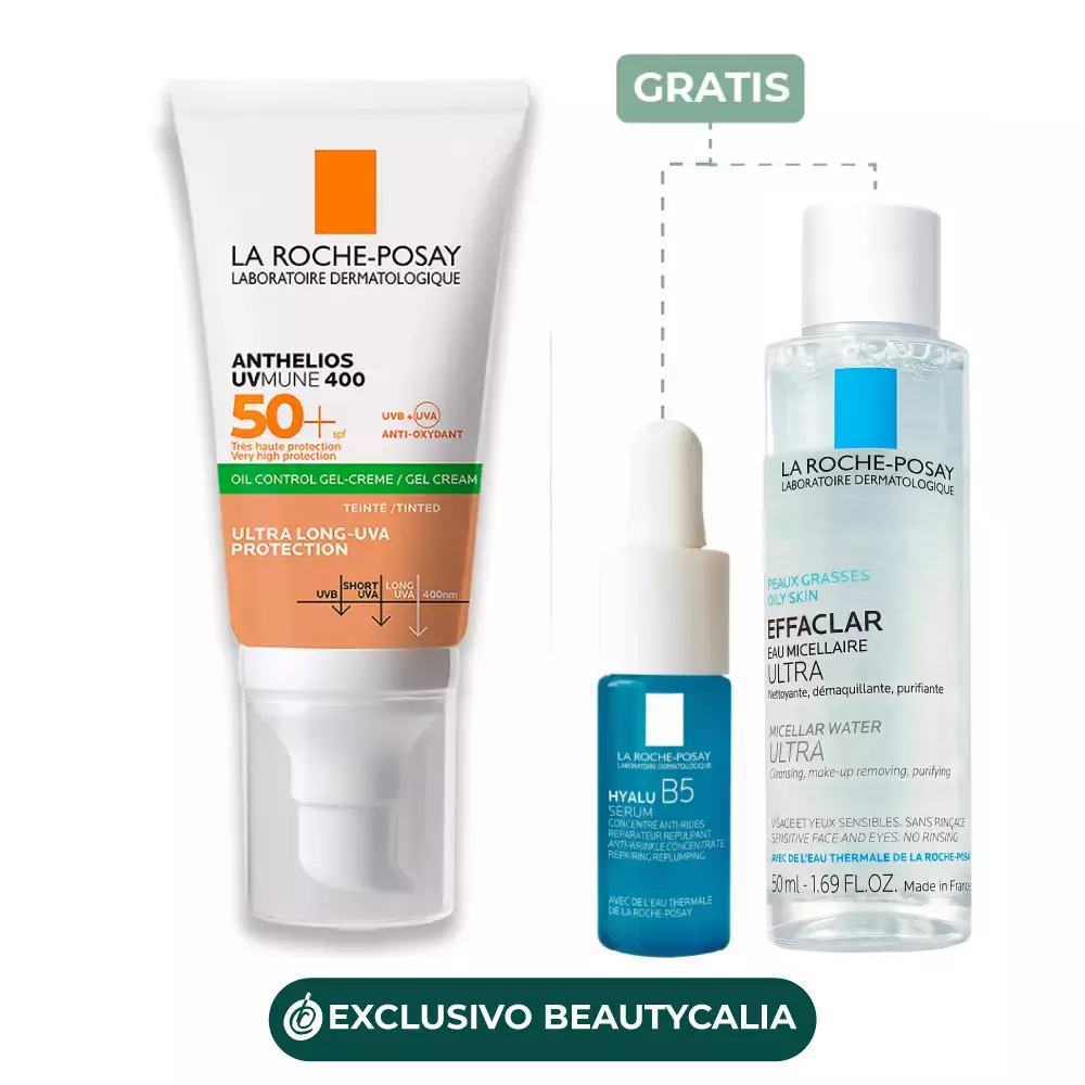 NuevaVisualKITS La Roche-Posay Rutina Piel Grasa Control Brillo: Anthelios UVMune 400 Oil Control Gel 50ml con Color + Regalo Hyalu B5 Serum 10ml y Agua micelar 50ml - Imagen 1